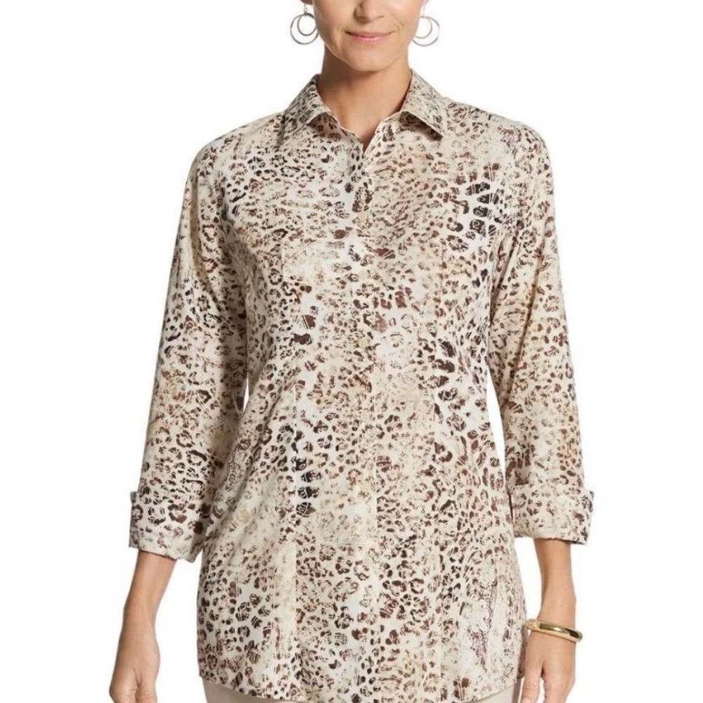 Chico’s Effortless Animal Dreams Anya Button Down Shirt Leopard Sz 3 (XL/16)
